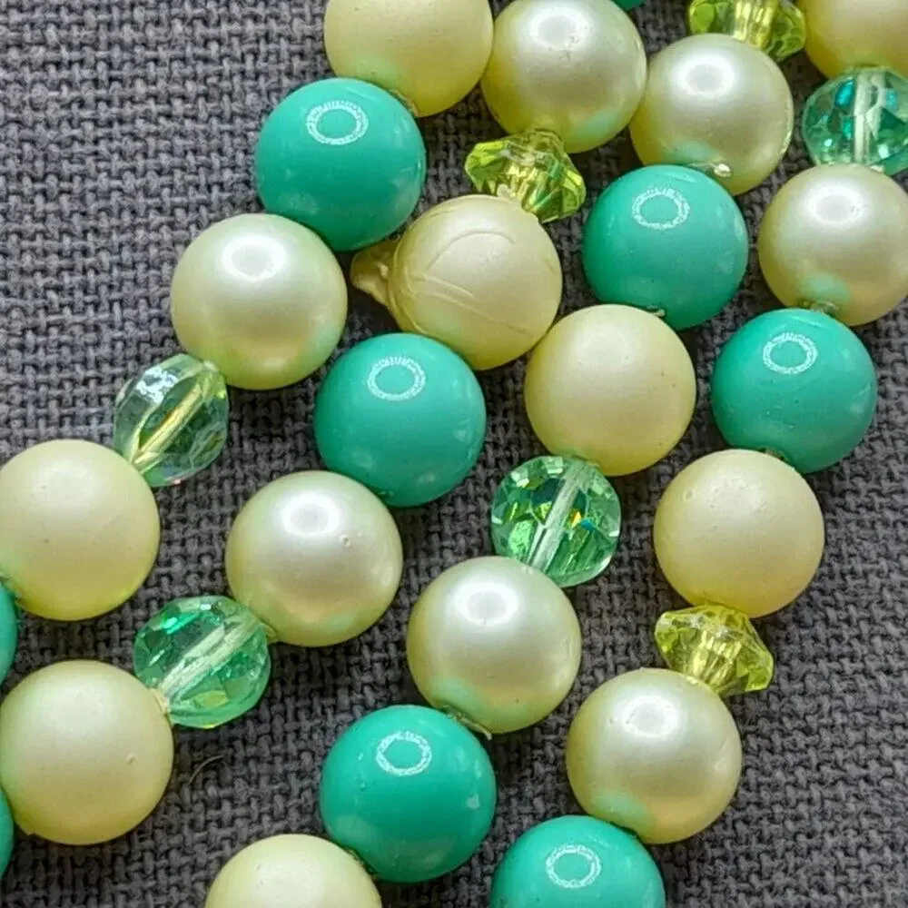 Vintage Green White Bead Necklace, Four Strands, AB Crystal Aspirin Beads, 16 In
